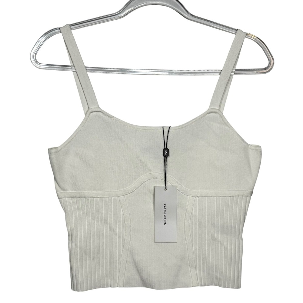 Karen Millen White Rib Knitted Strappy Cami‎ Crop Top Ivory Womens Medium NEW